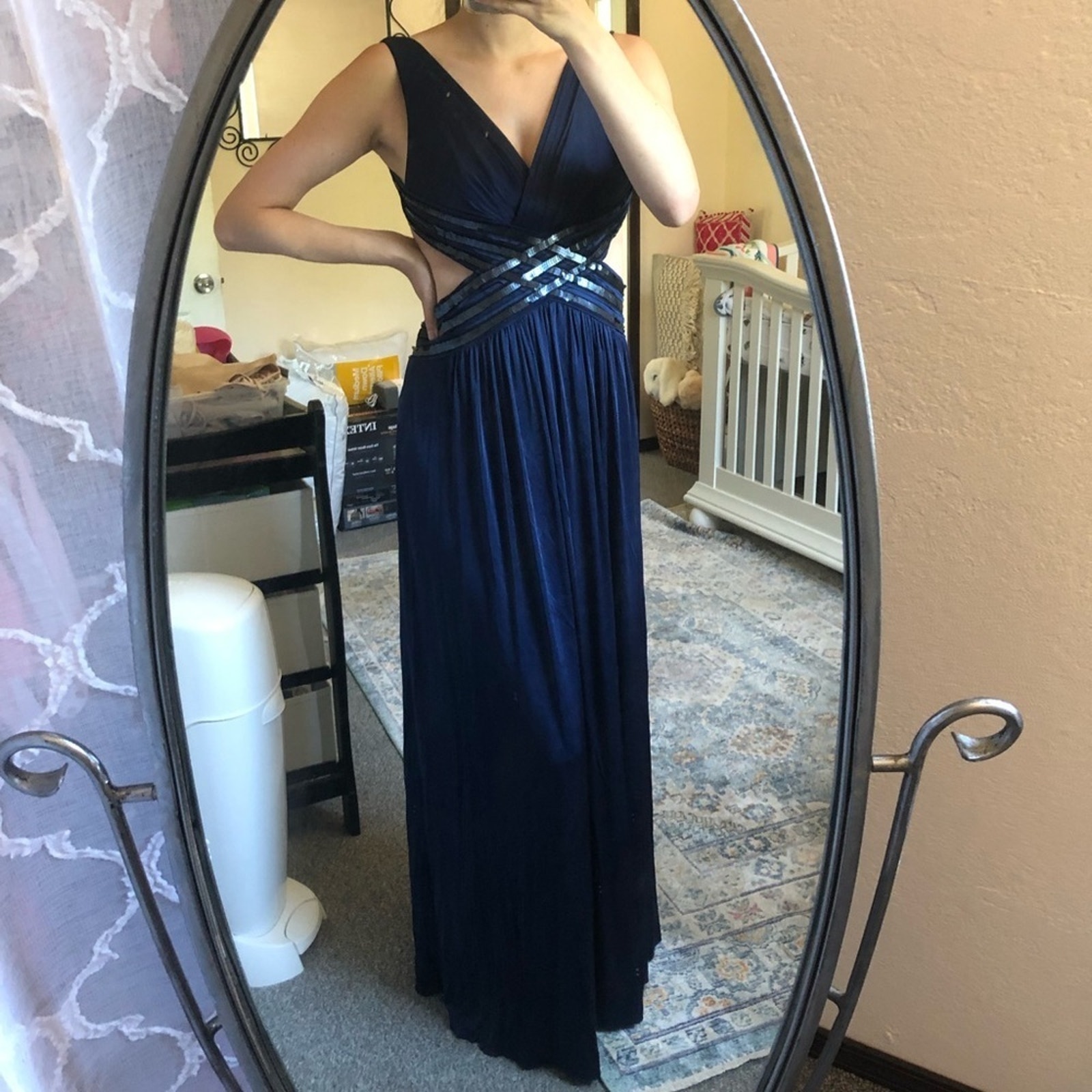 Bcbgmaxazria Blue Backless Sequins Maxi Dress
